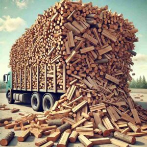 An image depicting a thrown cord of firewood, loosely packed and thrown into a truck. 