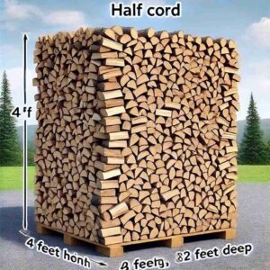 An image of a half cord of firewood, measuring 4 feet high, 8 feet long, and 2 feet deep, stacked neatly. The stack should clearly show that it is half