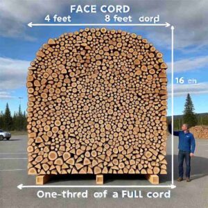 An image showing a face cord of firewood, measuring 4 feet high, 8 feet long, and 16 inches deep, stacked neatly. The stack should be visually distinc